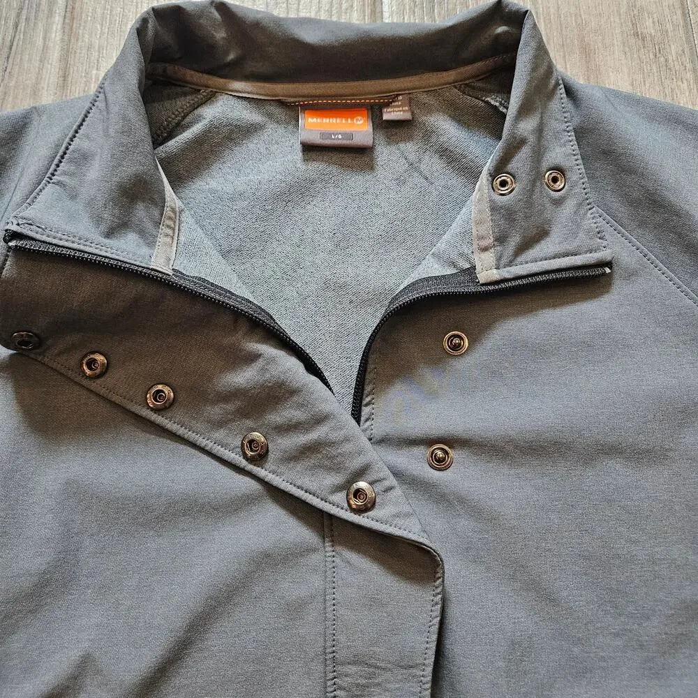 Merrell Softshell Jacket Womens Size L Grey Collared‎ Full Zip Snaps Pockets
